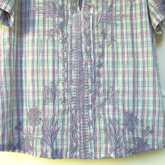 Johnny Was Malo Puff Sleeve Blouse Lilac Embroidered Plaid Bird Floral Small - Picture 5 of 13